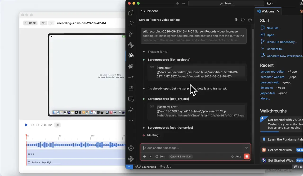 Claude Code editing a Screen Records project from one prompt while the editor updates alongside
