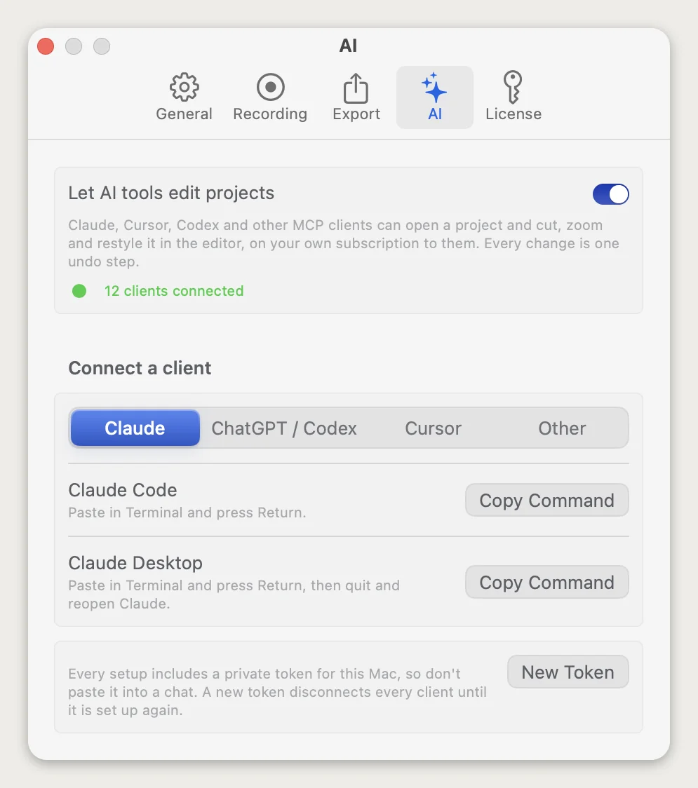 Screen Records Settings, AI tab: the Let AI tools edit projects switch, 12 clients connected, and Copy Command buttons for Claude Code and Claude Desktop