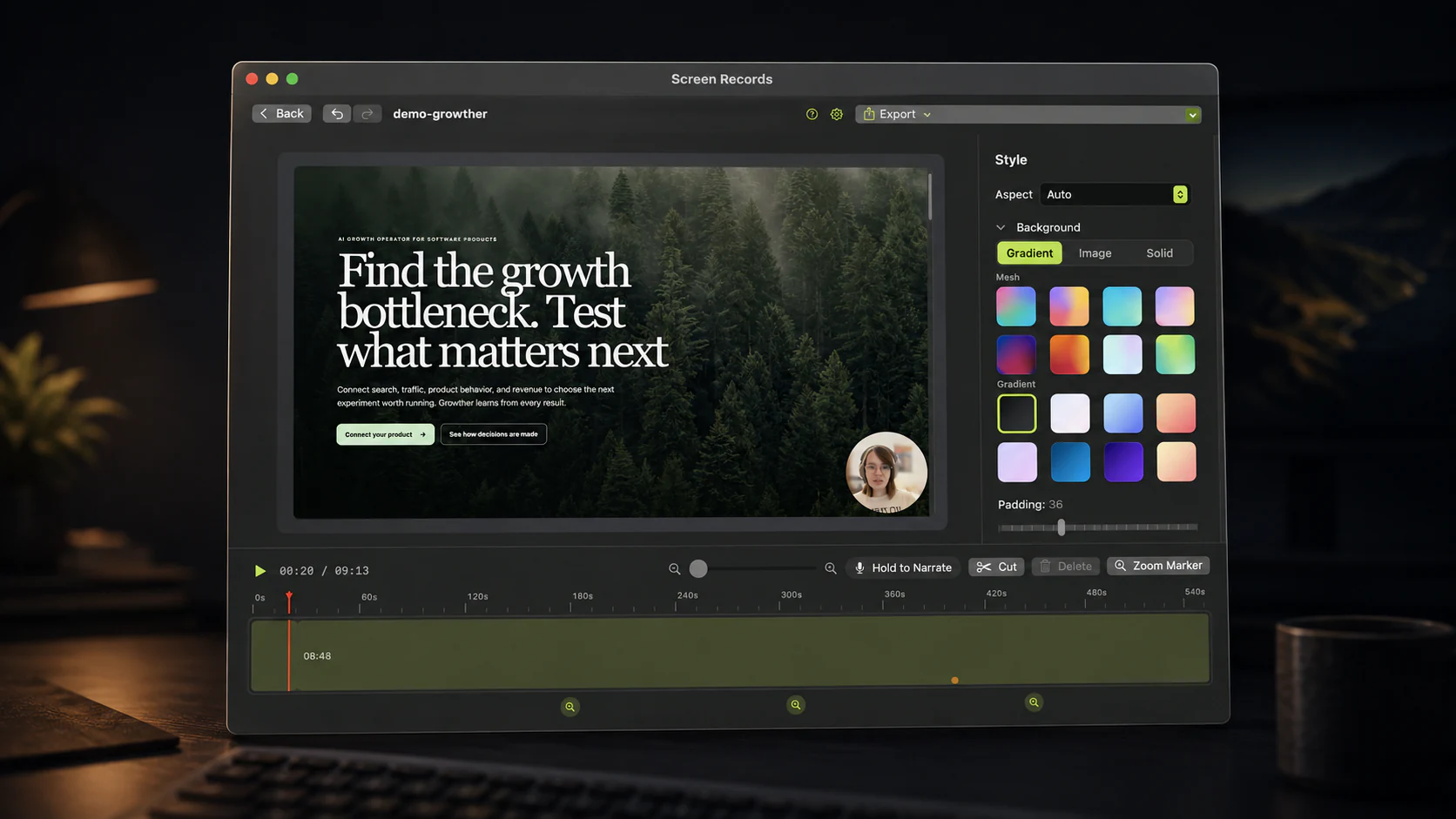 Screen Records editor with a recording, camera bubble, style controls and timeline