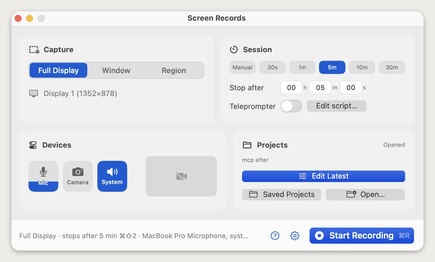Screen Records capture window with capture, session, devices and projects panels