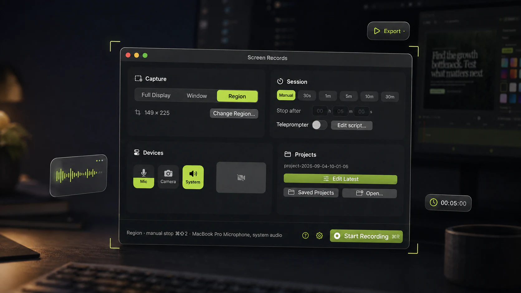 Screen Records capture window with capture, session, devices and projects panels